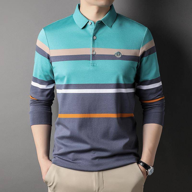 Frühling und Herbst Neue Mode für Mittelalterliche Lässiges Herren Langarm T-Shirt Polokragen Streifen Unterzieh-Poloshirt 3XL von Joom DACH