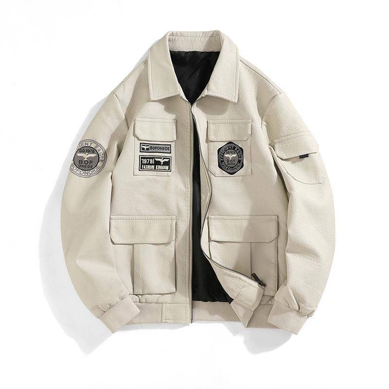 Frühling und Herbst Neue Pilotenlederjacke im Militärstil Mantel Herren Übergröße Slim Fit Revers Stickerei Herren Ledermantel 5XL von Joom DACH