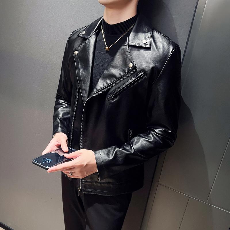 Frühling und Herbst Neue Revers Lederjacke Pu Herren Schwarze Motorradjacke Herren Trendy Jacke 5XL schwarz von Joom DACH