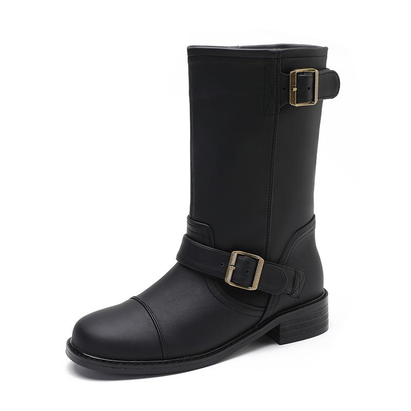 Frühling und Herbst Neue Stiefel mit Gürtelschnalle und Schnalle Mittelstiefel mit runder Spitze Vintage Weite Kurze Stiefel für Damen 40 schwarz von Joom DACH