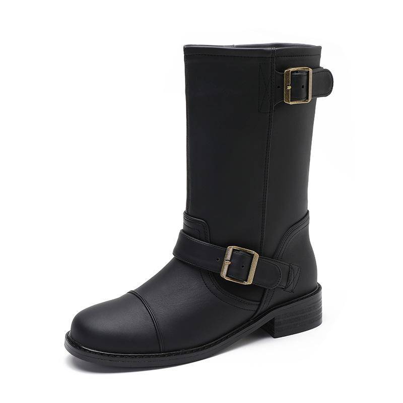 Frühling und Herbst Neue Stiefel mit Gürtelschnalle und Schnalle Mittelstiefel mit runder Spitze Vintage Weite Kurze Stiefel für Damen 40 schwarz von Joom DACH