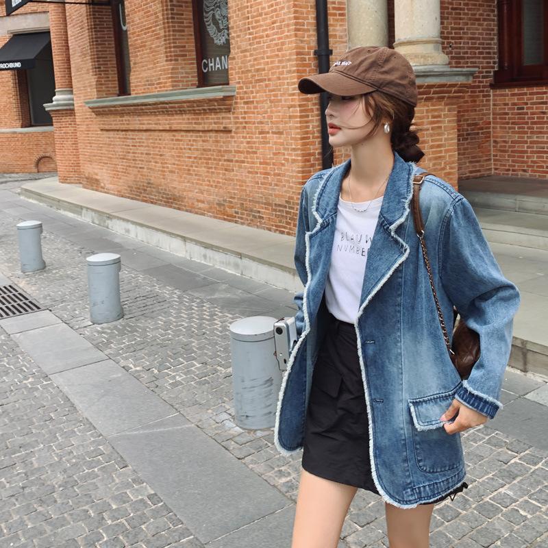 Frühling und Herbst Neue amerikanische Retro-gewaschene Jeansjacke für Damen im koreanischen Stil mit lockerem, lässigem Anzugkragen und langärmeligem Oberteil XL von Joom DACH