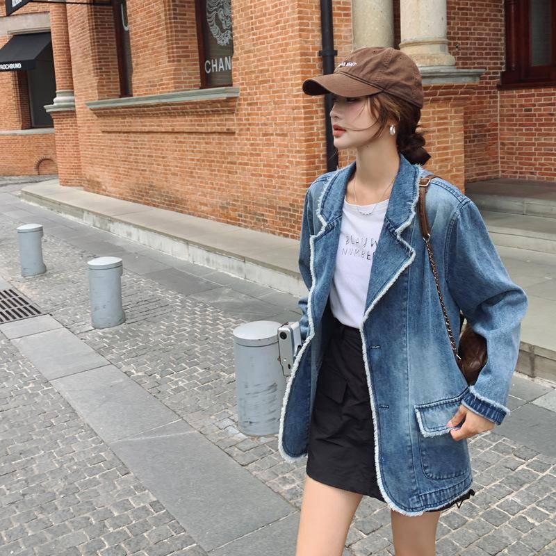 Frühling und Herbst Neue amerikanische Retro-gewaschene Jeansjacke für Damen im koreanischen Stil mit lockerem, lässigem Anzugkragen und langärmeligem Oberteil XL von Joom DACH