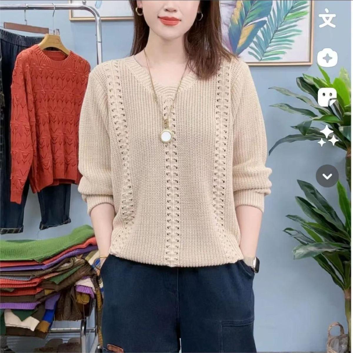 Frühling und Herbst Neuer Damen V-Ausschnitt Strickpullover Lockerer Bottom Top Pullover für Mütter mittleren Alters 3XL von Joom DACH