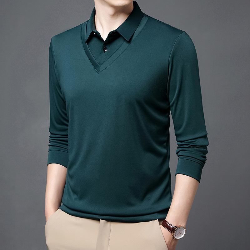 Frühling und Herbst Neuer Stil Mittelalterlich Dünn Fake Zweiteiler Herren Revers Einfarbig Langarm T-Shirt Herren Lockeres Oberteil Papa Kleidung XXXXL von Joom DACH