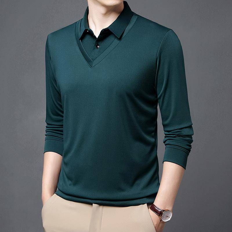 Frühling und Herbst Neuer Stil Mittelalterlich Dünn Fake Zweiteiler Herren Revers Einfarbig Langarm T-Shirt Herren Lockeres Oberteil Papa Kleidung XXXXL von Joom DACH