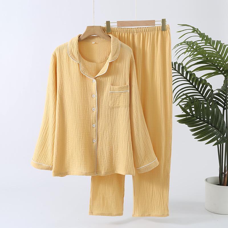 Frühling und Herbst Neues Damen-Pyjama-Set 100% Baumwolle Einfarbiges Revers Langarmhose Heimtextilien Zweiteiliges Set XL von Joom DACH