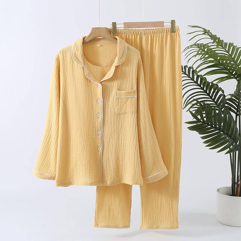 Frühling und Herbst Neues Damen-Pyjama-Set 100% Baumwolle Einfarbiges Revers Langarmhose Heimtextilien Zweiteiliges Set XL von Joom DACH