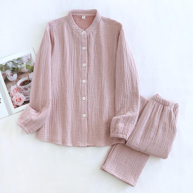 Frühling und Herbst Neues Paar Pyjama Set 100% Reine Baumwolle Kreppstoff Herren- und Damen Stehkragen Schlichte Hauskleidung 2XL von Joom DACH