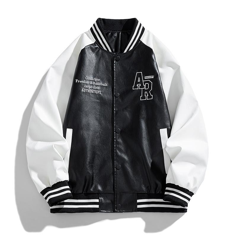 Frühling und Herbst Pu-Lederjacke Herren Trendy Splicing Leder American Loose Couple Style Jacke L schwarz von Joom DACH