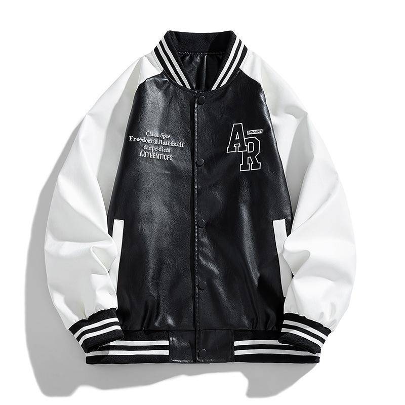 Frühling und Herbst Pu-Lederjacke Herren Trendy Splicing Leder American Loose Couple Style Jacke L schwarz von Joom DACH