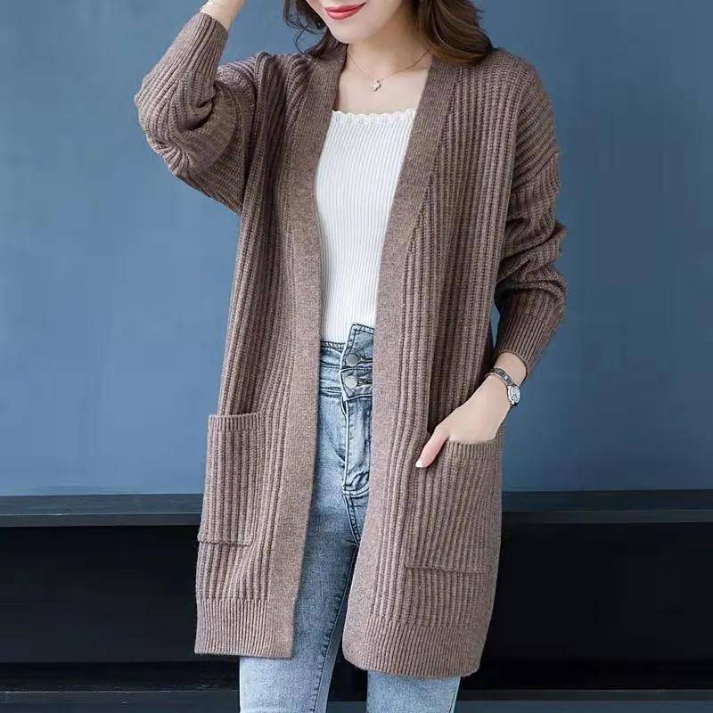Frühling und Herbst Pullover Strick Cardigan Frauen Wild Langarm Lose Äußere Koreanische Jacke Mittellange S braun von Joom DACH