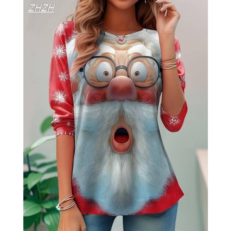 Frühling und Herbst Rundhals Weihnachtsmann Muster 3D Gedrucktes Oberteil Modische Lässige Langarm Damen T-Shirts M von Joom DACH