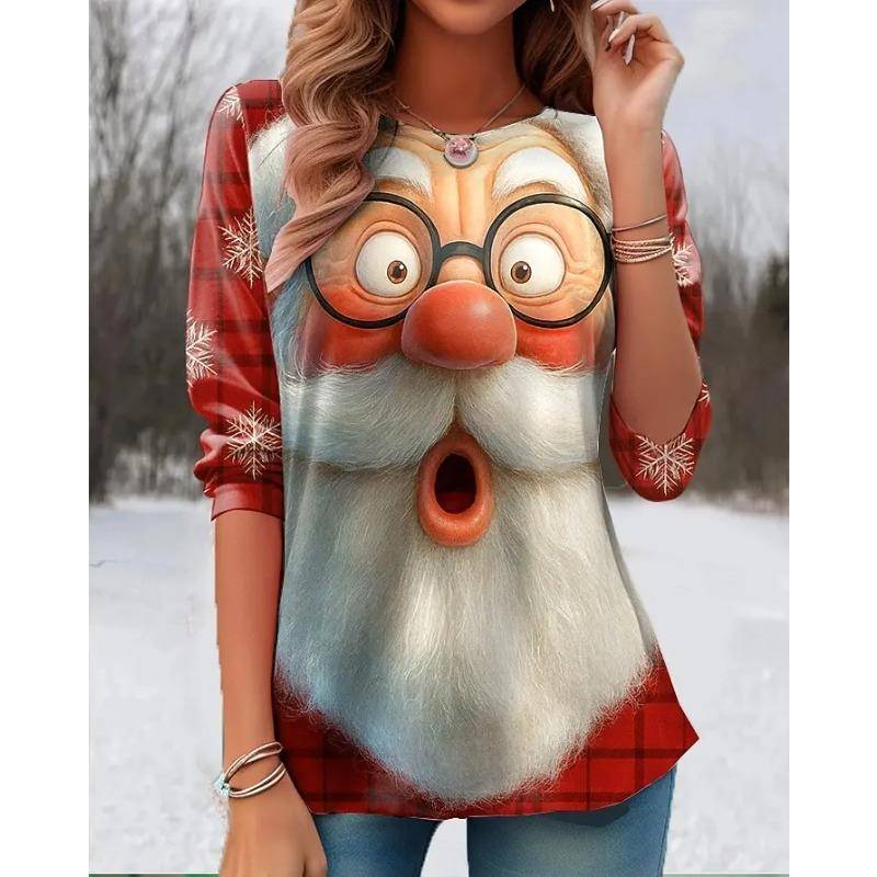 Frühling und Herbst Rundhals Weihnachtsmann Muster 3D Gedrucktes Oberteil Modische Lässige Langarm Damen T-Shirts M von Joom DACH