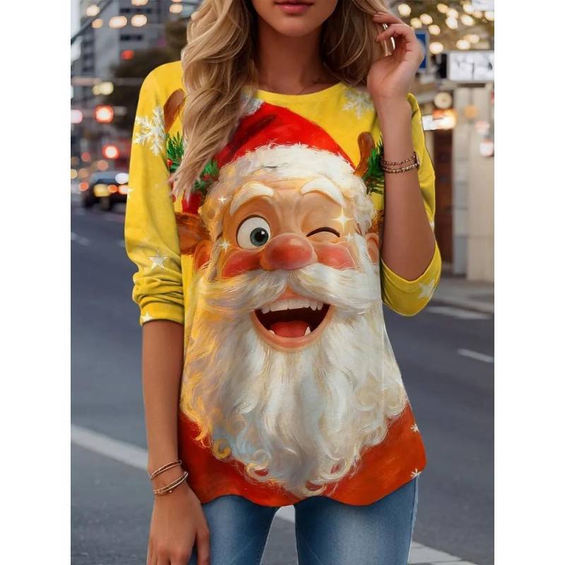 Frühling und Herbst Rundhals Weihnachtsmann Muster 3D Gedrucktes Oberteil Modische Lässige Langarm Damen T-Shirts XL von Joom DACH