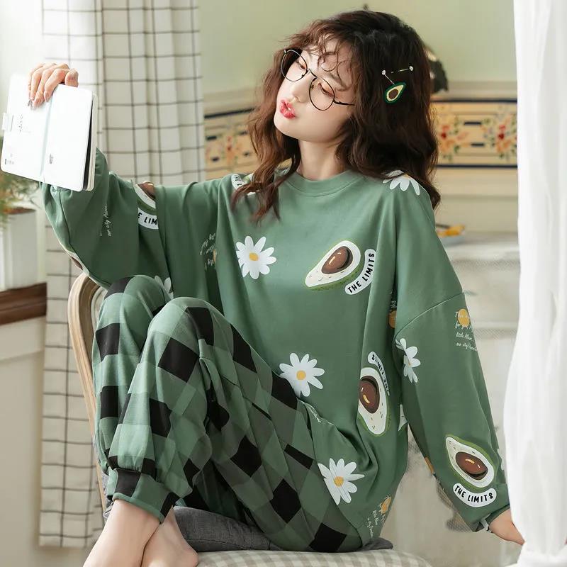 Frühling und Herbst Sommer Baumwolle mit langen ärmeln Hosen Pyjamas Frauen Mädchen Pyjamas Große Größe Lose Plaid Hause Anzug XXXL von Joom DACH