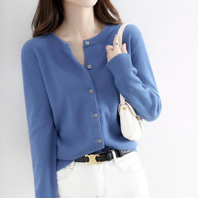 Frühling und Herbst Strickpullover Damen Strickjacke Jacke einfarbig Rundhalsausschnitt Schmal gestrickter Außenpullover M blau von Joom DACH