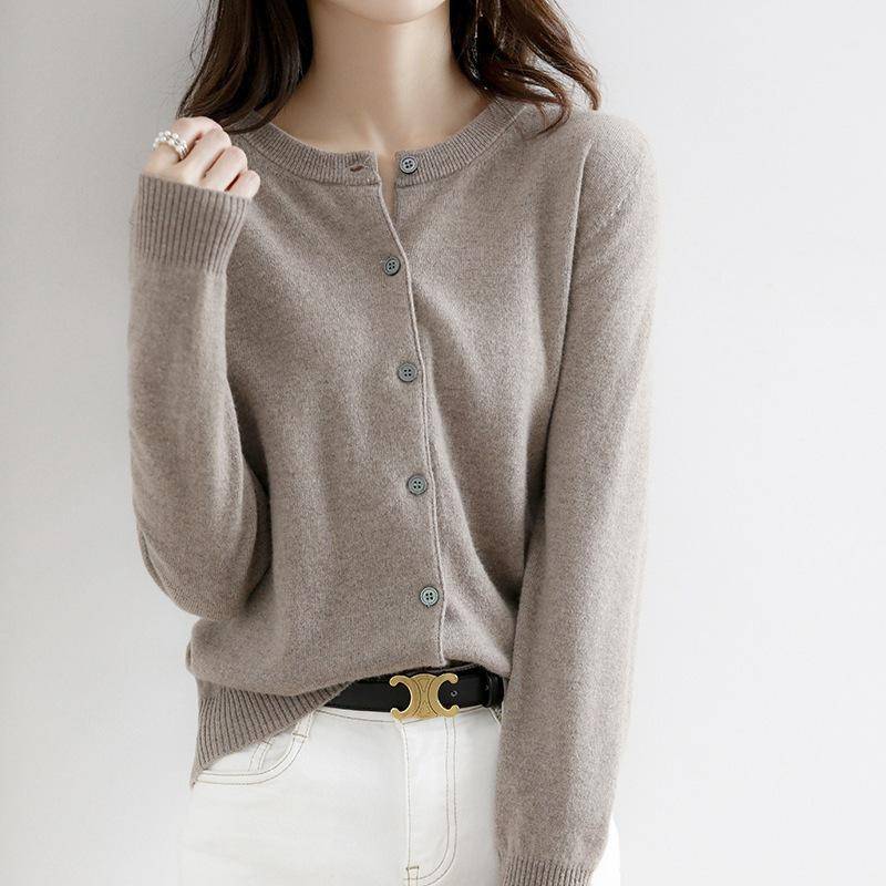 Frühling und Herbst Strickpullover Damen Strickjacke Jacke einfarbig Rundhalsausschnitt Schmal gestrickter Außenpullover M grau von Joom DACH