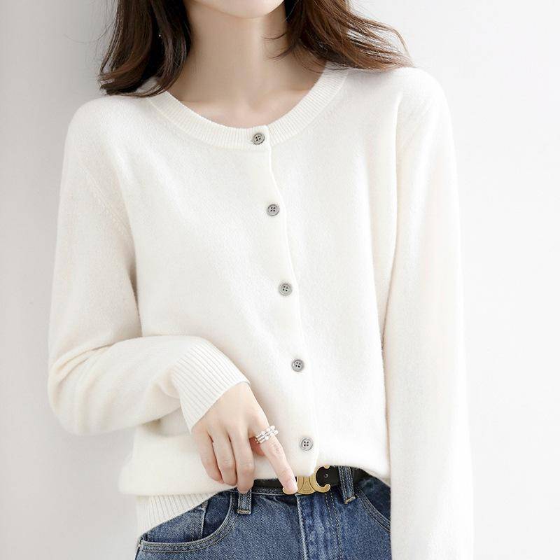 Frühling und Herbst Strickpullover Damen Strickjacke Jacke einfarbig Rundhalsausschnitt Schmal gestrickter Außenpullover M weiß von Joom DACH