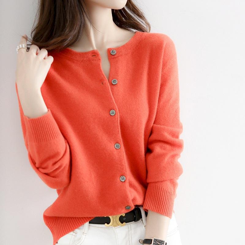 Frühling und Herbst Strickpullover Damen Strickjacke Jacke einfarbig Rundhalsausschnitt Schmal gestrickter Außenpullover S orange von Joom DACH