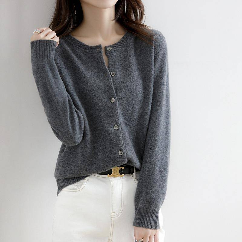 Frühling und Herbst Strickpullover Damen Strickjacke Jacke einfarbig Rundhalsausschnitt Schmal gestrickter Außenpullover XL dunkelgrau von Joom DACH