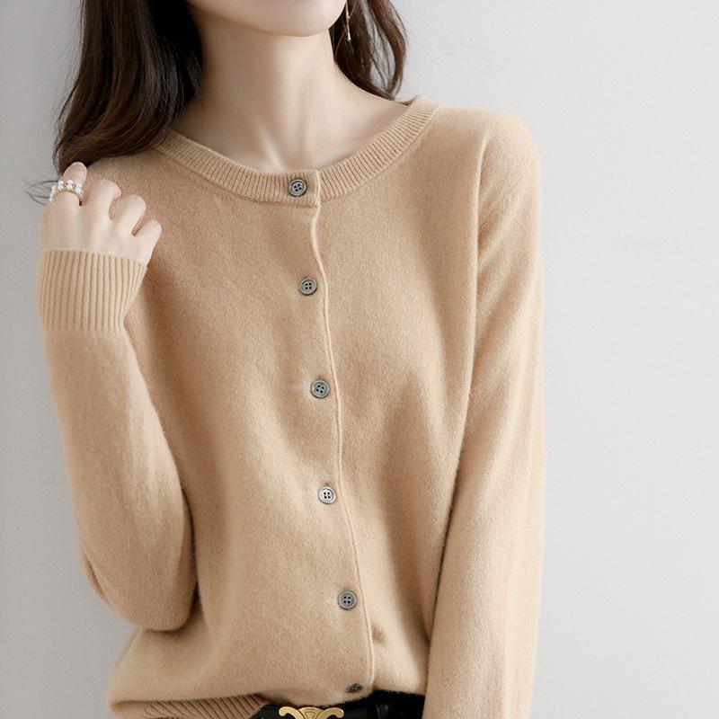 Frühling und Herbst Strickpullover Damen Strickjacke Jacke einfarbig Rundhalsausschnitt Schmal gestrickter Außenpullover XL kamelfarben von Joom DACH