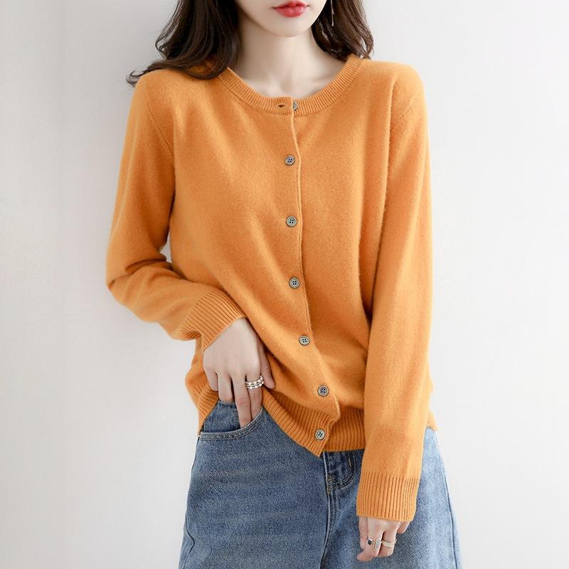 Frühling und Herbst Strickpullover Damen Strickjacke Jacke einfarbig Rundhalsausschnitt Schmal gestrickter Außenpullover XL gelb von Joom DACH
