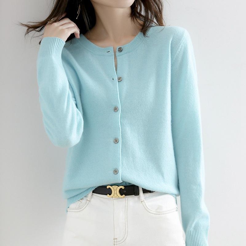 Frühling und Herbst Strickpullover Damen Strickjacke Jacke einfarbig Rundhalsausschnitt Schmal gestrickter Außenpullover XXL hellblaue von Joom DACH