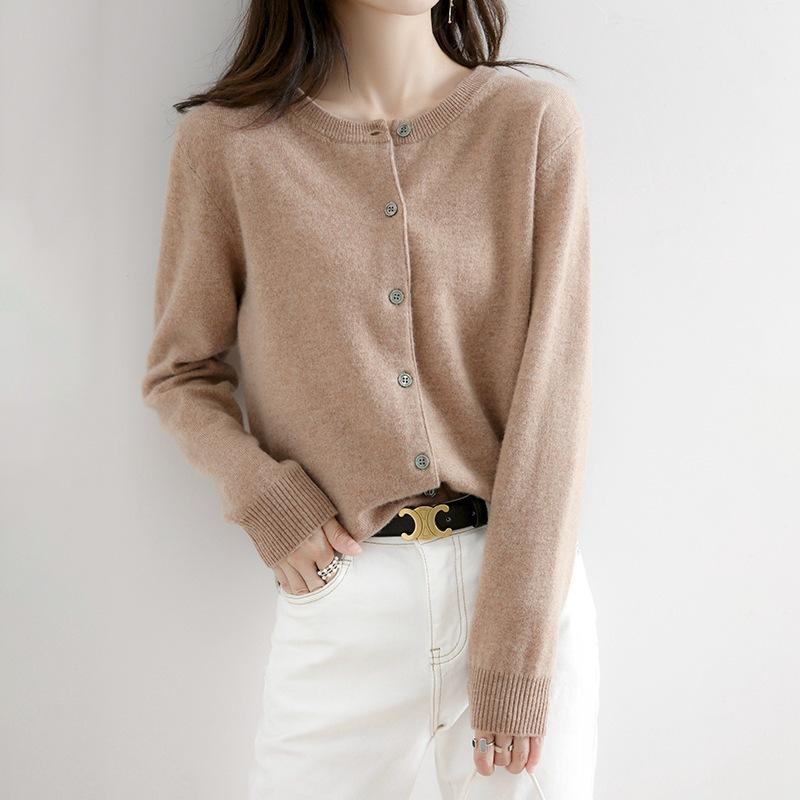 Frühling und Herbst Strickpullover Damen Strickjacke Jacke einfarbig Rundhalsausschnitt Schmal gestrickter Außenpullover XXL kamel braun von Joom DACH