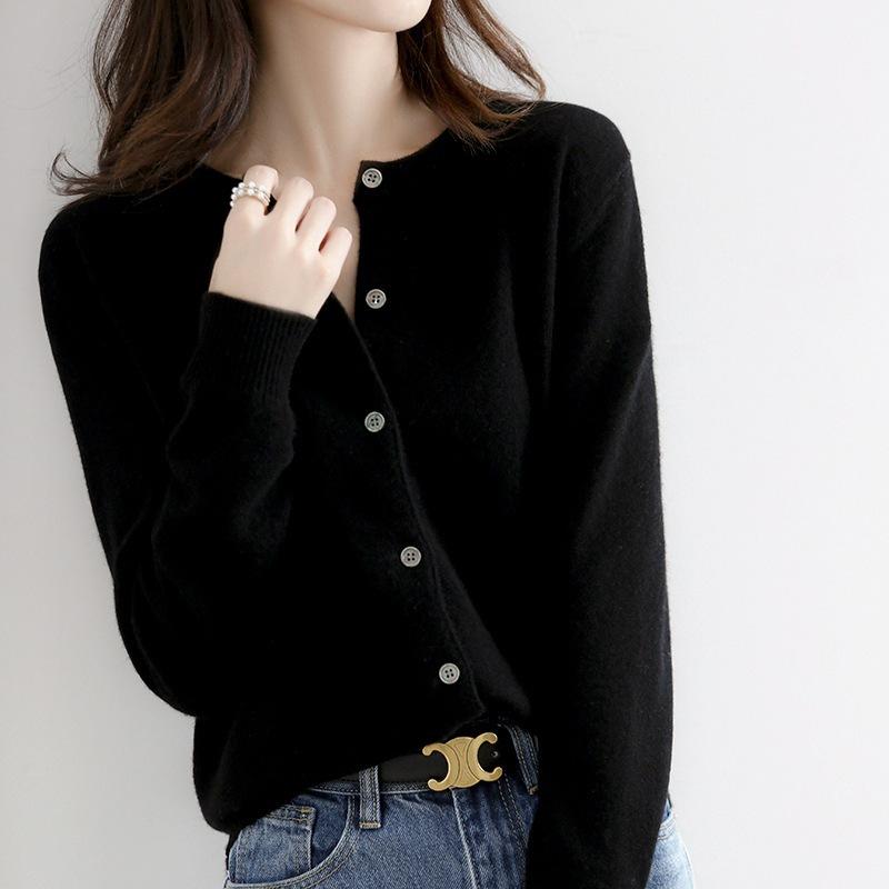 Frühling und Herbst Strickpullover Damen Strickjacke Jacke einfarbig Rundhalsausschnitt Schmal gestrickter Außenpullover XXL schwarz von Joom DACH