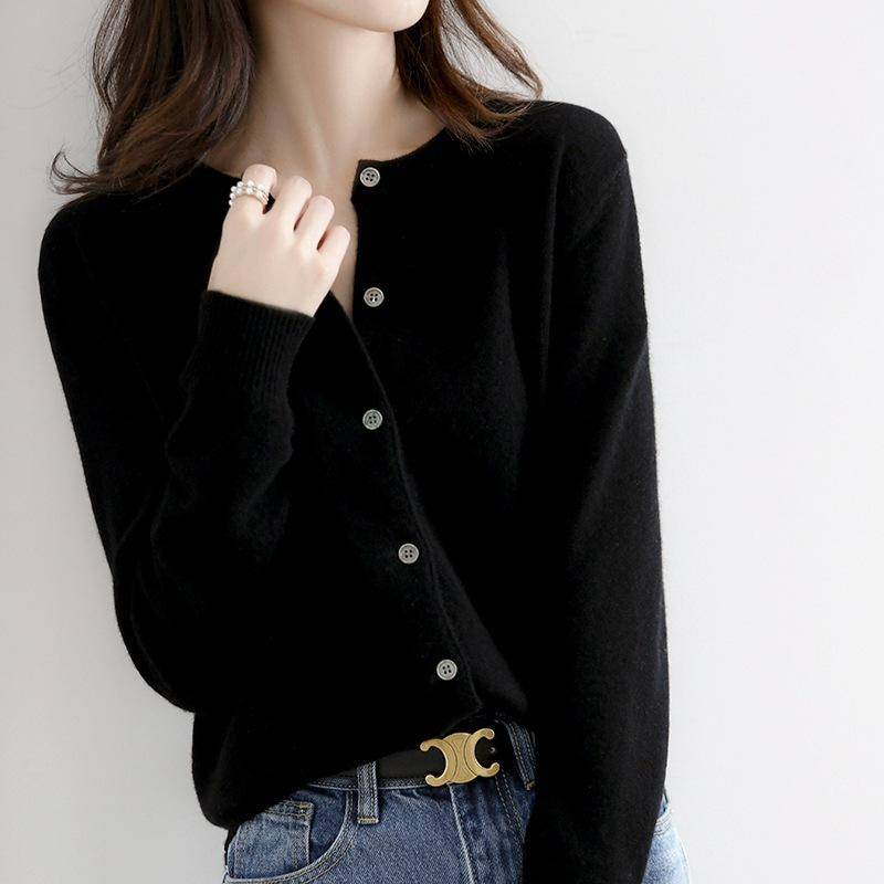 Frühling und Herbst Strickpullover Damen Strickjacke Jacke einfarbig Rundhalsausschnitt Schmal gestrickter Außenpullover XXL schwarz von Joom DACH