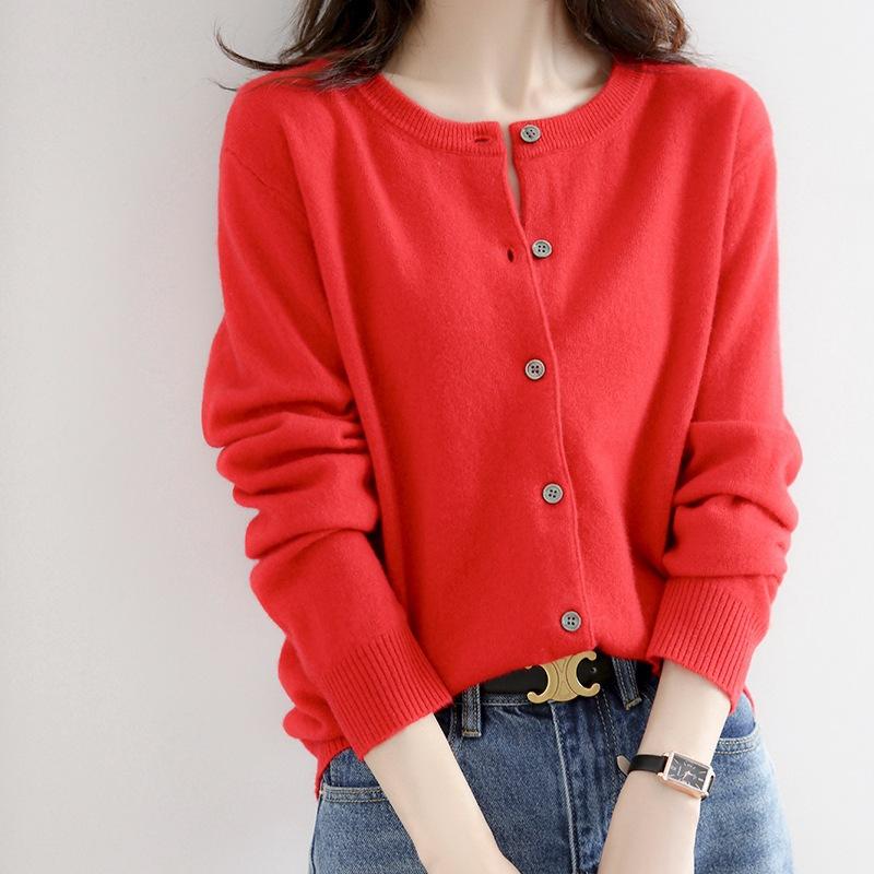 Frühling und Herbst Strickpullover Damen Strickjacke Jacke einfarbig Rundhalsausschnitt Schmal gestrickter Außenpullover XXL rot von Joom DACH