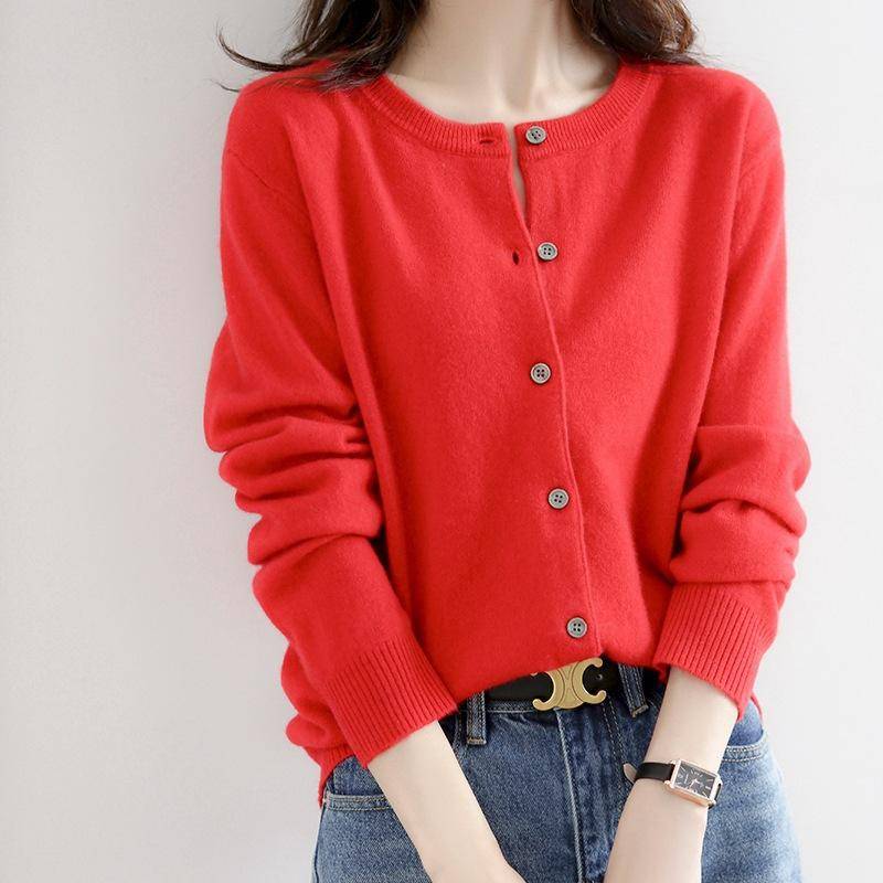 Frühling und Herbst Strickpullover Damen Strickjacke Jacke einfarbig Rundhalsausschnitt Schmal gestrickter Außenpullover XXL rot von Joom DACH