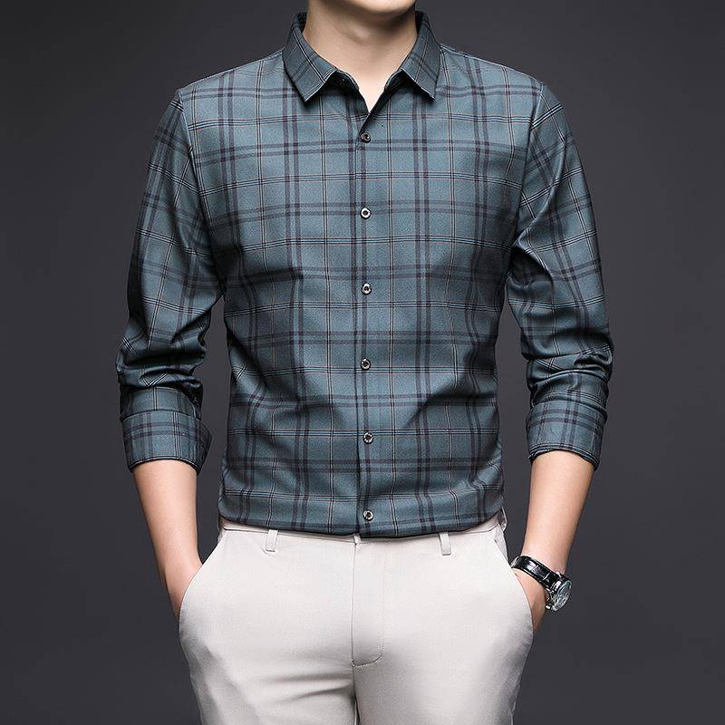 Frühling und Herbst männer Atmungsaktive Dünne Hemd Mittleren Alters Neue Business Langarm Revers Plaid Casual Mode 4XL von Joom DACH