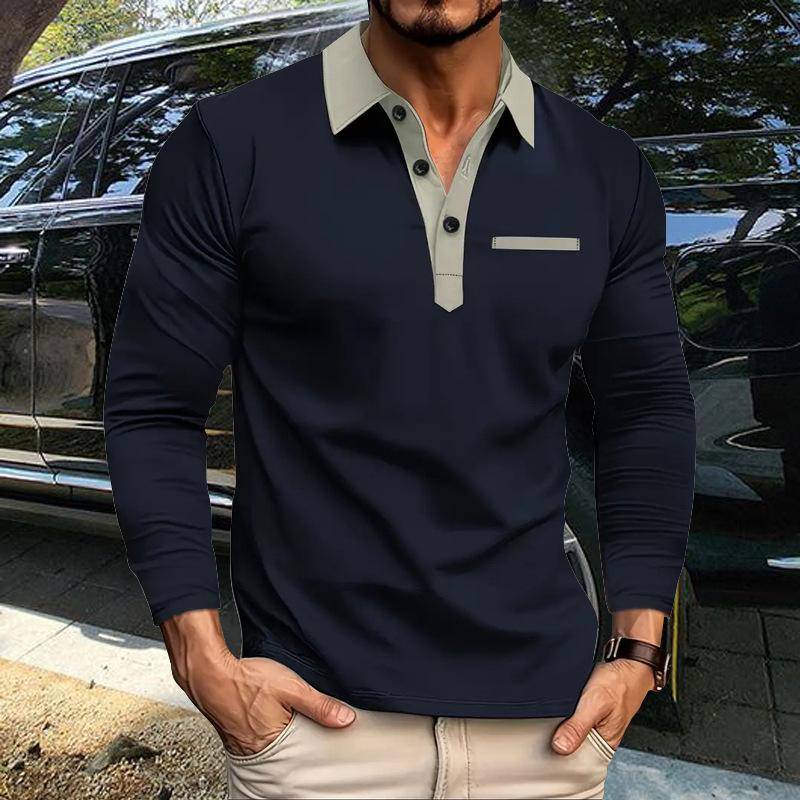 Frühling und Herbst neue Herren Poloshirt Revers Spleißen Langarm Mode Slim Fake Taschen Herren Poloshirt Pullover XL dunkelblau von Joom DACH