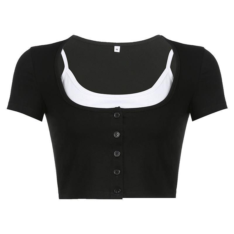 Frühling und Sommer Damen Nabelkurz Spicy Girl Kurzarm T-Shirt Street Schwarz-Weiß Kontrast Knopf Spleiß Slim Fake Zwei Oberteile L schwarz von Joom DACH