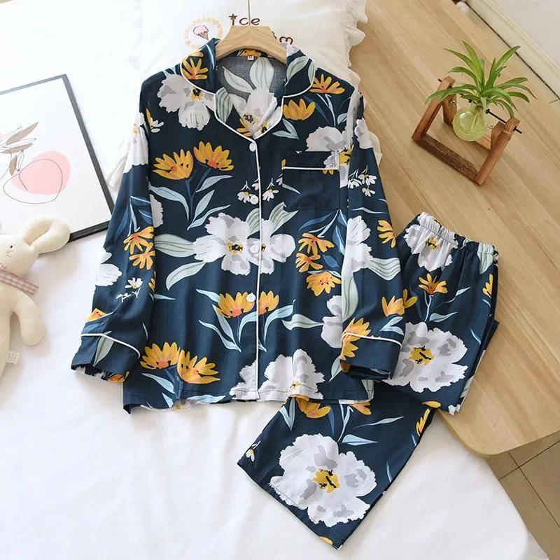 Frühling und Sommer Neu 100% Viskose Pyjama Zweiteilig Langarm Hose Damen Blumen Bequem Übergröße Homewear Anzug XL von Joom DACH
