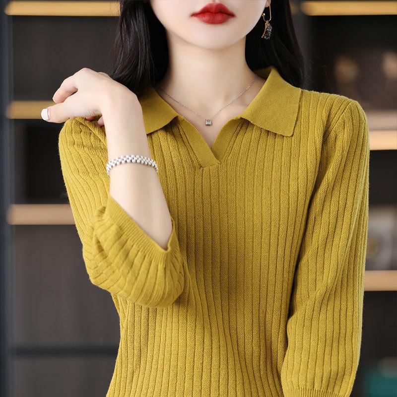 Frühling und Sommer Neu Baumwollgarn 7/4-Ärmel POLO-Kragen Pullover Damen Pullover Garn Rippe Streifen Mode Basic-Shirt M von Joom DACH