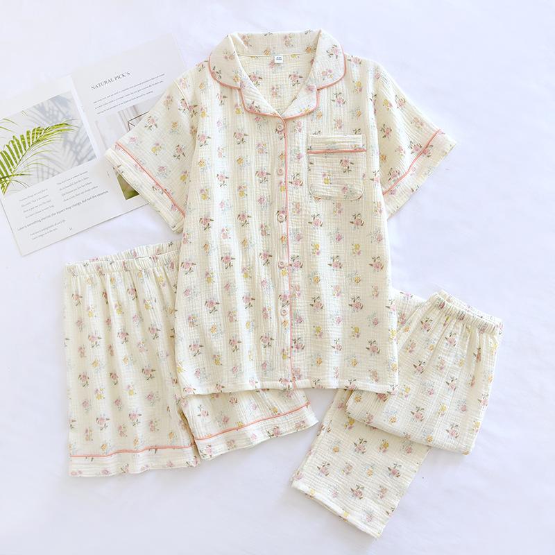 Frühling und Sommer Neu Damen Dreiteiliger Pyjama Set 100% Baumwollkrepp Kurzarm + Shorts + Hosen Set Pyjama 2XL von Joom DACH