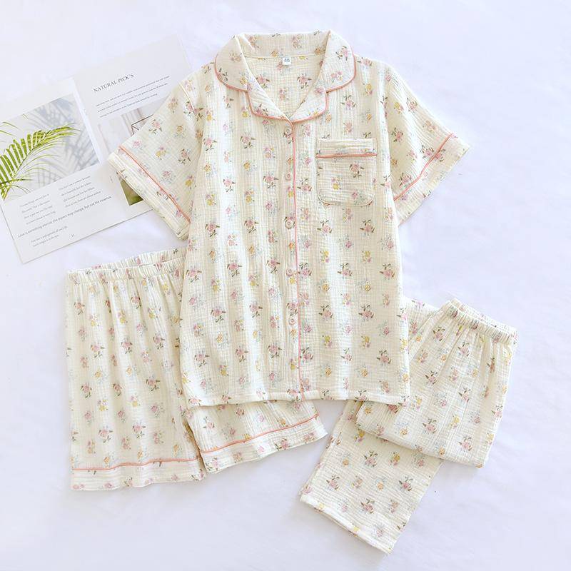 Frühling und Sommer Neu Damen Dreiteiliger Pyjama Set 100% Baumwollkrepp Kurzarm + Shorts + Hosen Set Pyjama 2XL von Joom DACH