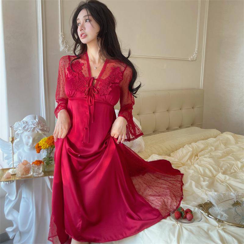 Frühling und Sommer Neue süße Pyjamas Damen Spitze Ice Silk Langarm Hohl Backless Pyjamas Nachthemd L rot von Joom DACH