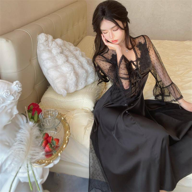 Frühling und Sommer Neue süße Pyjamas Damen Spitze Ice Silk Langarm Hohl Backless Pyjamas Nachthemd XL schwarz von Joom DACH
