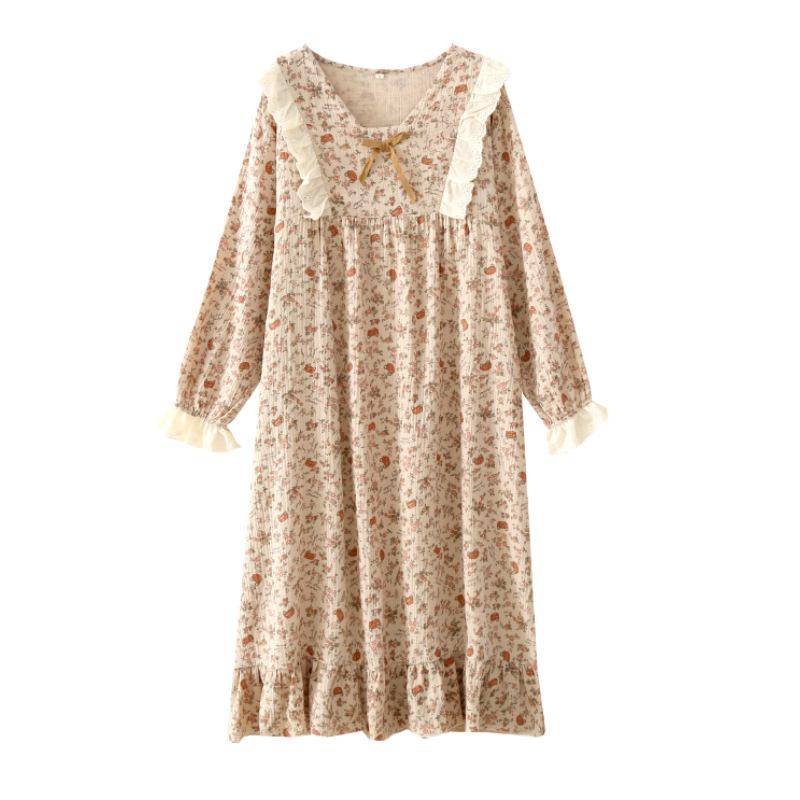 Frühling und Sommer Neues Damen-Nachthemd 100% Baumwollkrepp Langärmeliger Rock Weich und bequem Blume Hausrock XL von Joom DACH