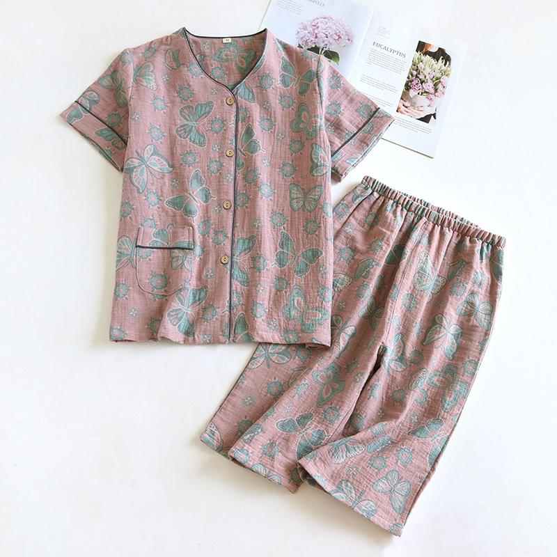 Frühling und Sommer Neues Damen-Pyjama-Set 100 % Baumwollkrepp Kurzarm + kurze Hose Zweiteiliges Set Dünner Damen-Heimanzug Cardigan XL von Joom DACH