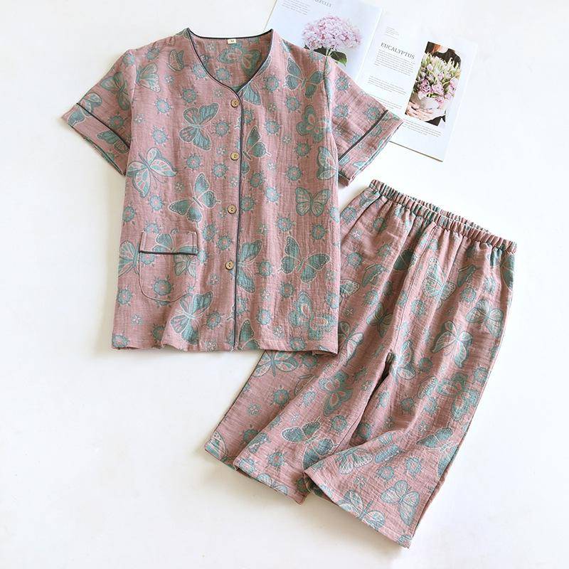Frühling und Sommer Neues Damen-Pyjama-Set 100 % Baumwollkrepp Kurzarm + kurze Hose Zweiteiliges Set Dünner Damen-Heimanzug Cardigan XL von Joom DACH