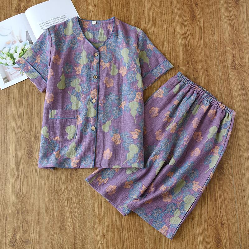 Frühling und Sommer Neues Damen-Pyjama-Set 100 % Baumwollkrepp Kurzarm + kurze Hose Zweiteiliges Set Dünner Damen-Heimanzug Cardigan XL von Joom DACH