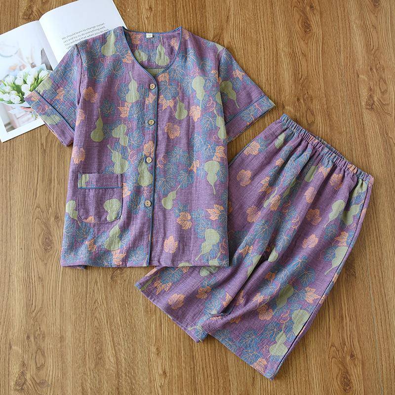 Frühling und Sommer Neues Damen-Pyjama-Set 100 % Baumwollkrepp Kurzarm + kurze Hose Zweiteiliges Set Dünner Damen-Heimanzug Cardigan XL von Joom DACH