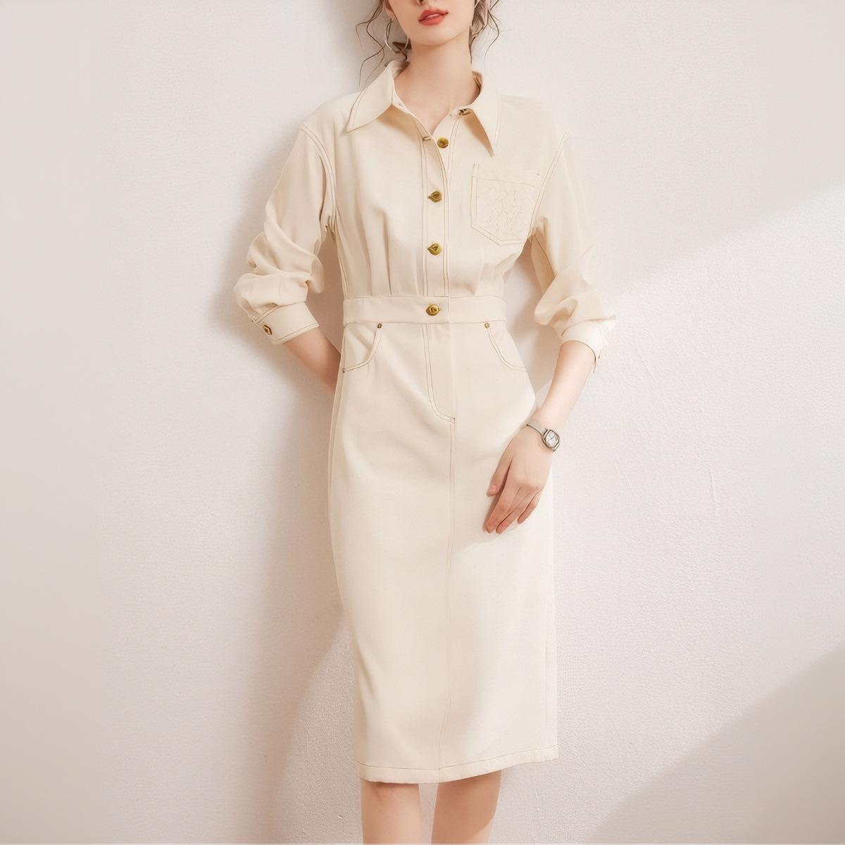 Frühling und Sommer Neues Kontrastfarben Helle Linie Tooling Kleid Modischer Revers Lässig Langarm Damen Langkleid mit Schlitz XL apricot von Joom DACH