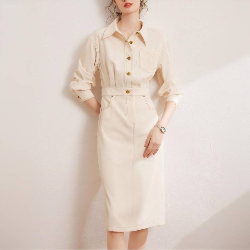 Frühling und Sommer Neues Kontrastfarben Helle Linie Tooling Kleid Modischer Revers Lässig Langarm Damen Langkleid mit Schlitz XL apricot von Joom DACH