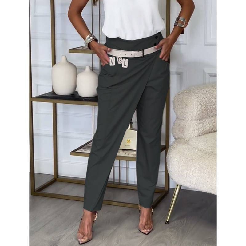 Frühlings Asymmetrische High Waist Anzughose Für Damen Mode Chic Gürtel Gerade Hose Lässige Street Hose Damen Unterteile XXXL dunkelgraue von Joom DACH